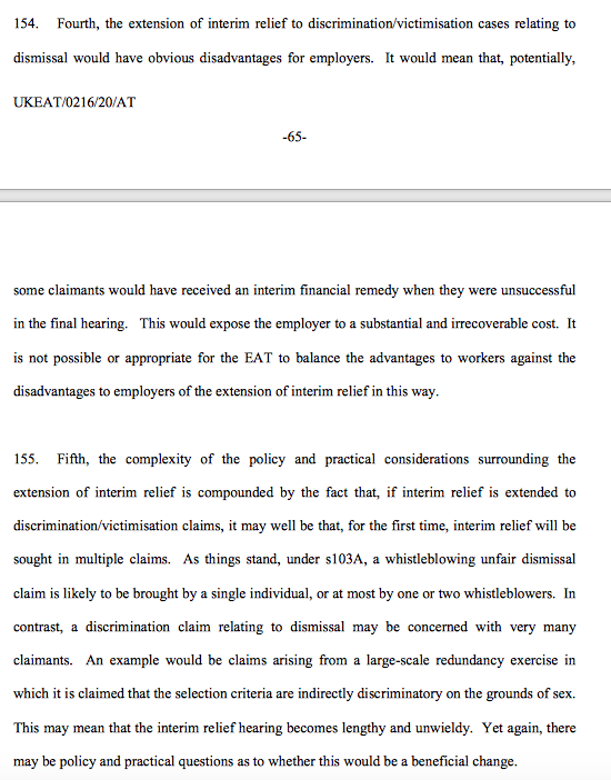 37/ There would be disadvantages for employers - the non-recoupment of interim relief awards is unparalleled within the EqA suite of remedies. It could also be a remedy open - for the 1st time - in large multiple claims. Applying the standard of proof may also be more difficult.
