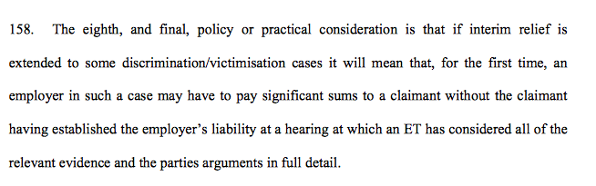 37/ There would be disadvantages for employers - the non-recoupment of interim relief awards is unparalleled within the EqA suite of remedies. It could also be a remedy open - for the 1st time - in large multiple claims. Applying the standard of proof may also be more difficult.