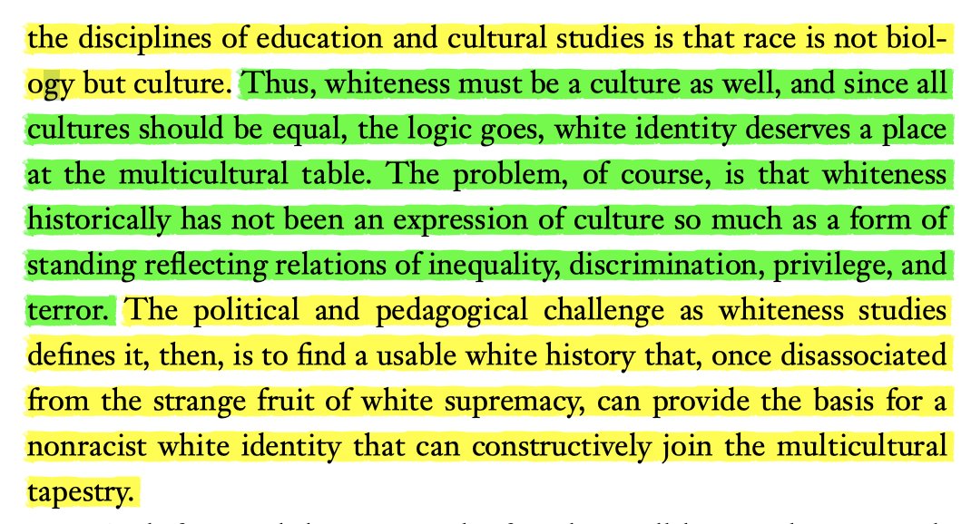 joel olson, on whiteness as power as opposed to cultural identity: "the problem, of course, is that whiteness historically has not been an expression of culture so much as a form of standing reflecting relations of inequality, discrimination, privilege, and terror."