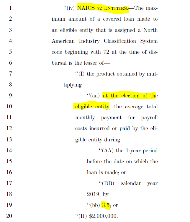 Back to  #PPP, there is a special provision which allows for larger loan draws for the "accommodation and food service" industry (NACIS 72). Multiple is 3.5 times payroll, up from 2.5 times. Choice of which base payroll period to use as well. 12/x