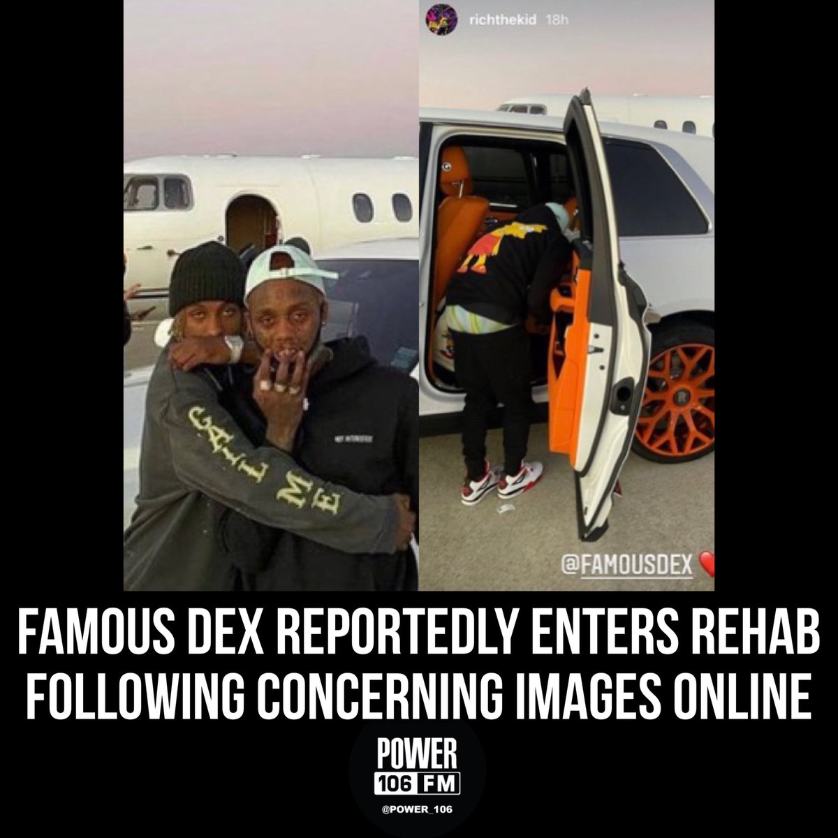 Power106LA's tweet photo. Famous Dex has reportedly checked into rehab after concerning images of the rapper have appeared online for the past few weeks. Rich The Kid helped see Dex off and showed his friend support! 🙏🏽🙏🏽🙏🏽 Wishing Dex all the best during this time! 💯 https://t.co/IlytPzi4qm
