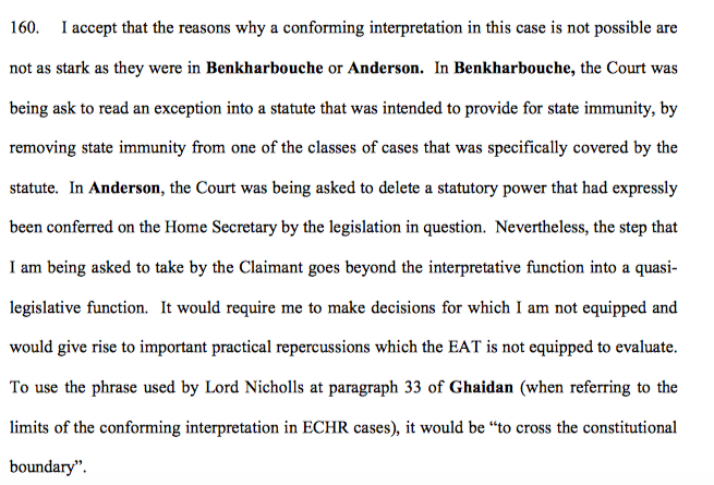 39/ None of these are necessarily bad things, but the EqA scheme is an intricate one and the EAT considered it was being asked to cross the boundary & to step into the realms of quasi-legislation - even if not to step very far into that realm. It wasn't prepared to do this.