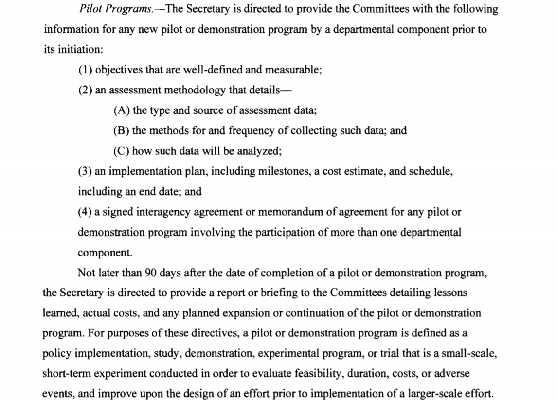 Here's an interesting provision in the Joint Explanatory Statement requiring congressional oversight on DHS "pilot programs," which the Trump administration repeatedly used at the border, at times to devastating effect such as with the El Paso Zero Tolerance Pilot Project.