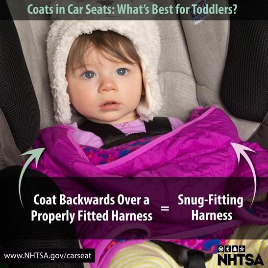 NHTSAgov's tweet photo. Bulky coats can jeopardize a snug fit in a car seat harness. Dress your child in layers and put a coat on over the properly-fitted harness for added warmth. #TheRightSeat https://t.co/JcSTfvoHZ5