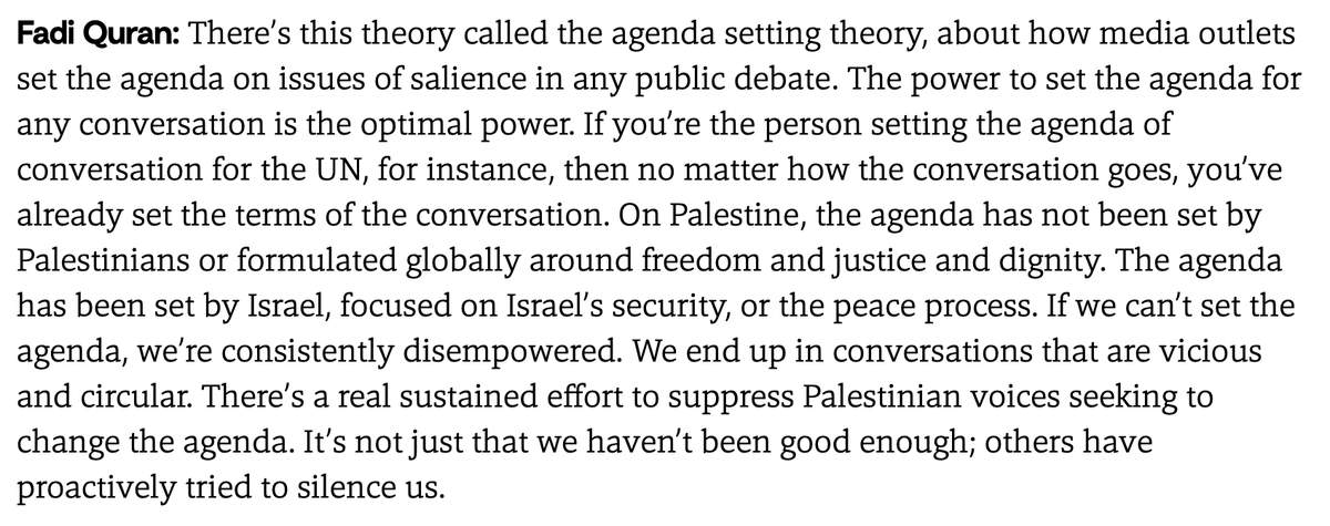 A few important insights from the roundtable of Palestinian thinkers talking about the conditions for a paradigm shift, up at  @JewishCurrents today. @fadiquran with an important point about the way the power follows the ability to set the discourse