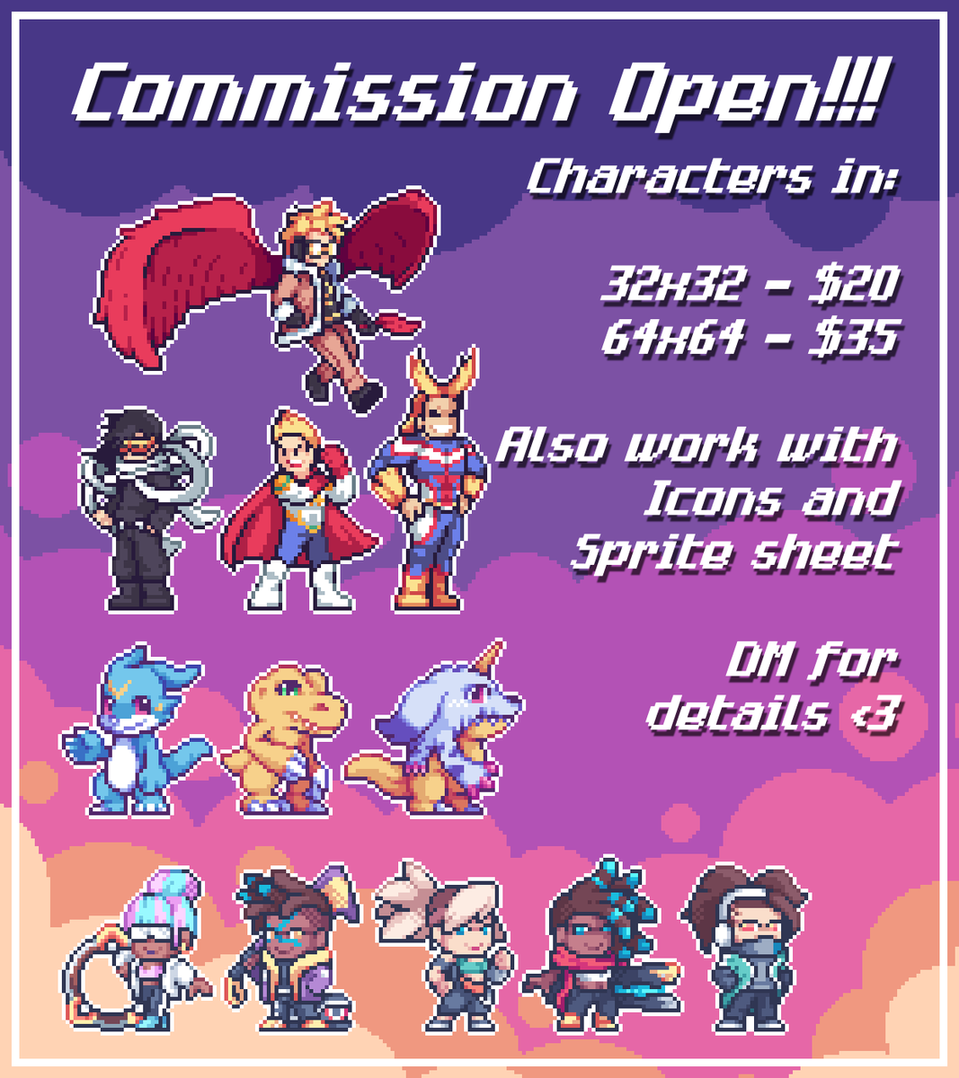 _DeuTilt's tweet photo. 💜 COMMISSIONS OPEN!!! 💜

Heeyo, opening commissions for this Christmas and all the next year basically xD

I mostly draw characters, but if you have any idea for an Pixel Art job, just DM me (ﾉ◕ヮ◕)ﾉ*:･ﾟ✧

Your RT's helps a lot!! 💜

#PixelArt #ドット絵 #VacaRoxa https://t.co/kgaNl40J9N