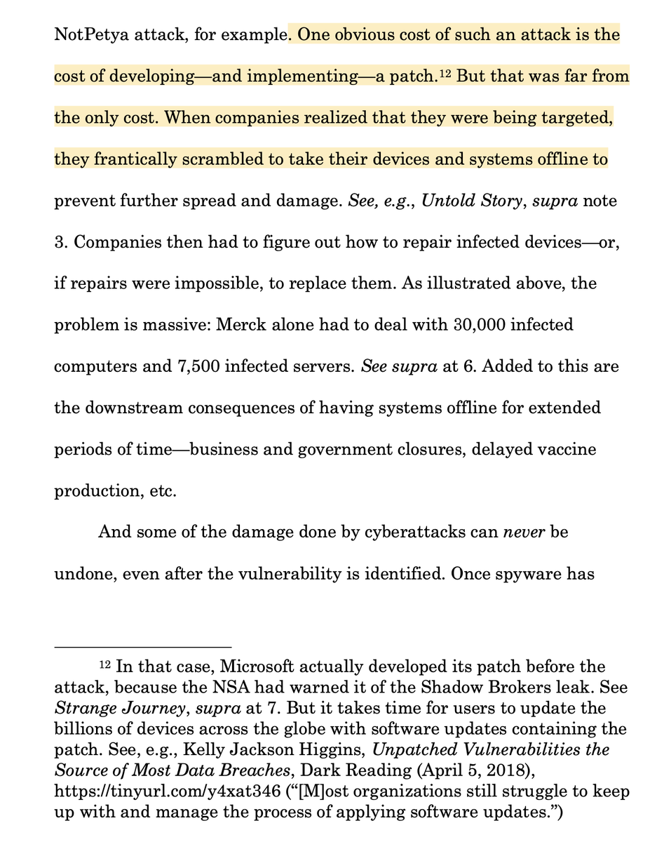 9. C:  #NotPetya = tip of iceberg of kind of systematic harm to come from conferring immunity on spyware industry. Can take years to fix vulnerabilities & get implants off networks & devices. Some damage, like stolen materials, cannot be undone.