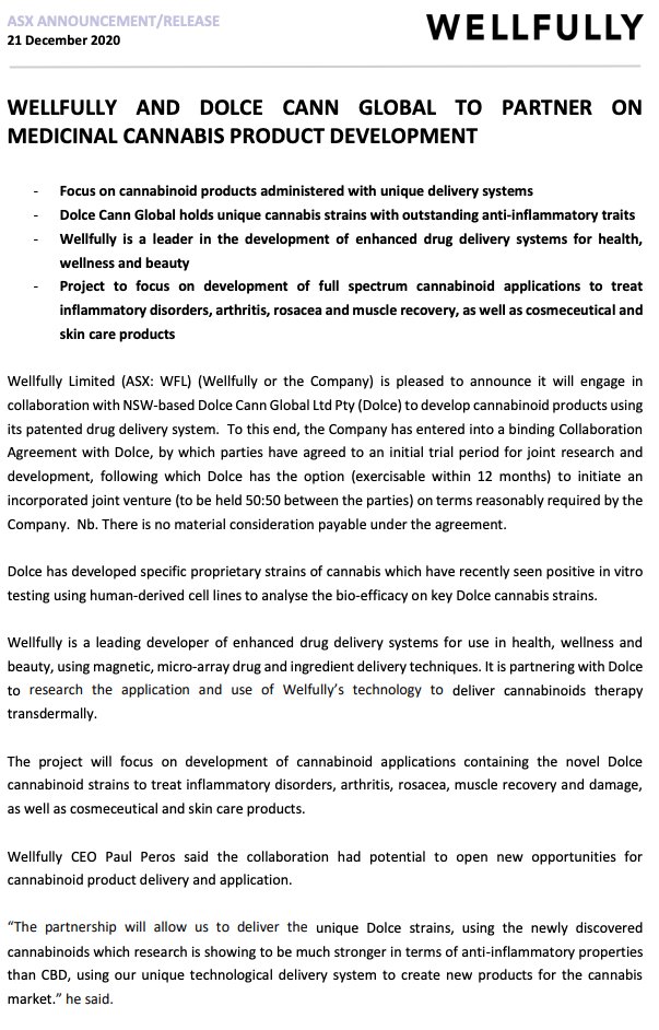 Wellfully's tweet image. $WFL to engage in collaboration with NSW-based Dolce Cann Global to develop cannabinoid products using its patented drug delivery system: bit.ly/3h6KQpQ

Dolce holds unique cannabis strains with outstanding anti-inflammatory traits.
