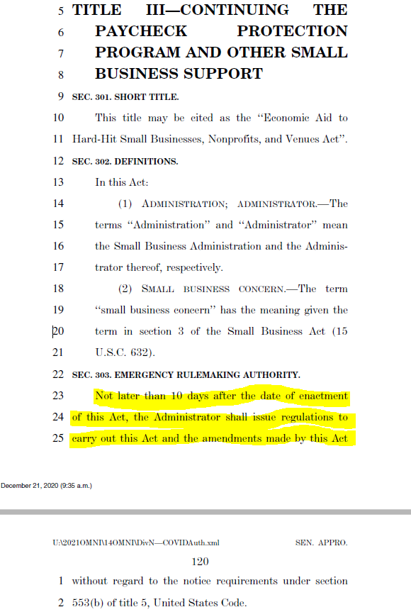 Last tweet for awhile. At the beginning of the Small Business "Title", says the SBA has 10 days from date of enactment to issue regulations on all these new laws. 15/15