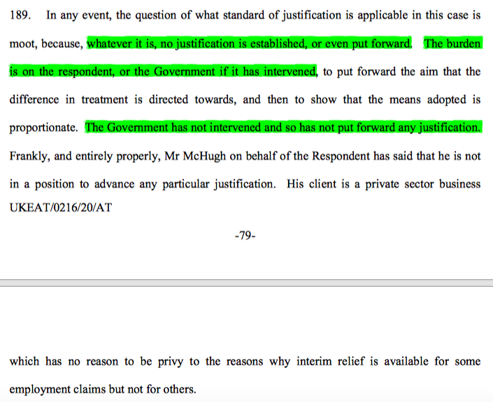 46/ Cavanagh J looked at that question at this stage because this was a case where analogous situation & justification should be considered together - it would be artificial to separate them. The Government not taking part meant justification was never advanced.