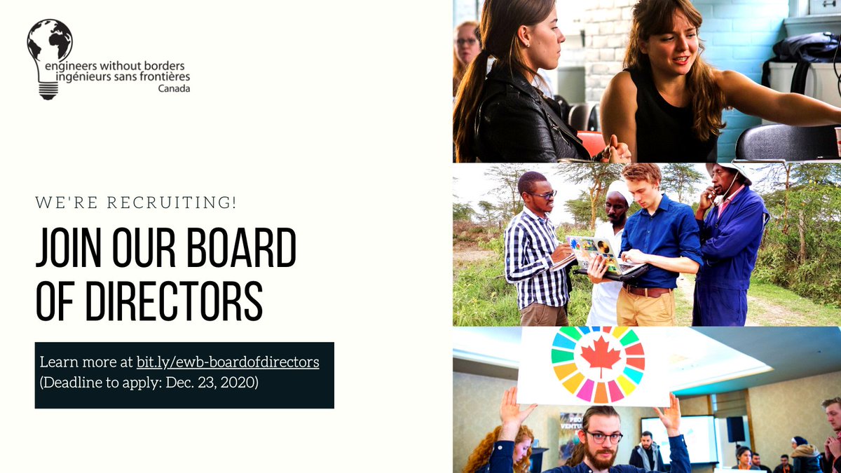 There are only 2 days left to submit your applications or nominations! We're very excited to be recruiting 3 individuals to join our Board of Directors. Get all the details right here: bit.ly/ewb-boardofdir… (Deadline: Dec. 23) #ewb #boardofdirectors #passiton