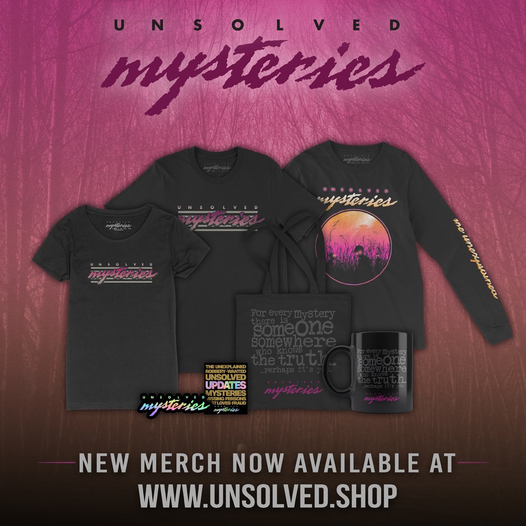 Unsolved's tweet photo. The case of the Unsolved Mysteries official merchandise has been solved. Visit https://t.co/iIMlUmZntI https://t.co/dV5vySyfUv
