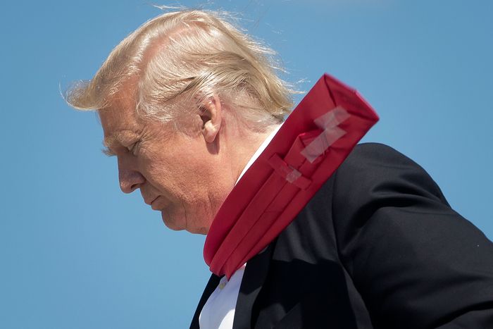 March 13, 2017: A strong wind blows back Trump’s necktie exposing the office tape applied to its underside as he steps off of Air Force One  http://nym.ag/38tsOtU 