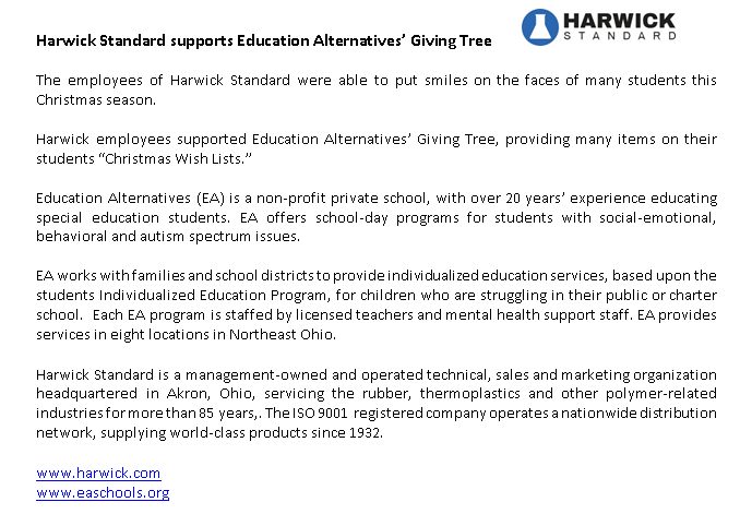 HarwickStandard's tweet photo. Harwick employees supported Education Alternatives’ Giving Tree, providing many items on their students “Christmas Wish Lists.”  

Education Alternatives (EA) is a non-profit private school, with over 20 years’ experience educating special education students. https://t.co/llQjnxlGYE