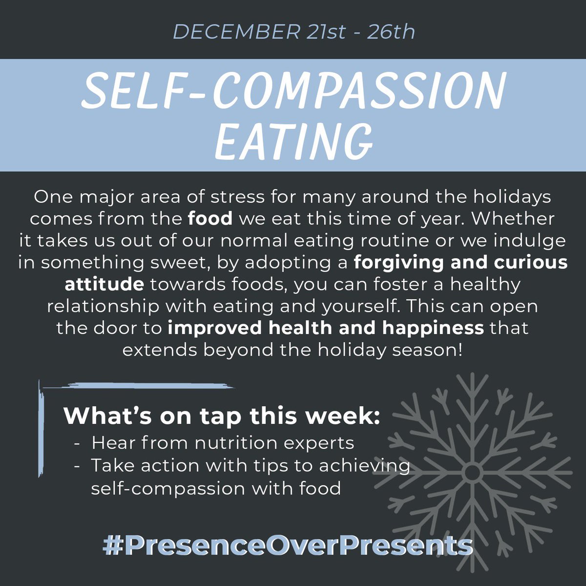 USPractice's tweet photo. Check out what’s on tap this week ⬇️ We are talking about all the stress that comes with eating the foods we know and love around the holidays. Stay tuned for how to have more self-compassion in your relationship with food, and as always, see the #PresenceOverPresents https://t.co/MmLdkydiYo