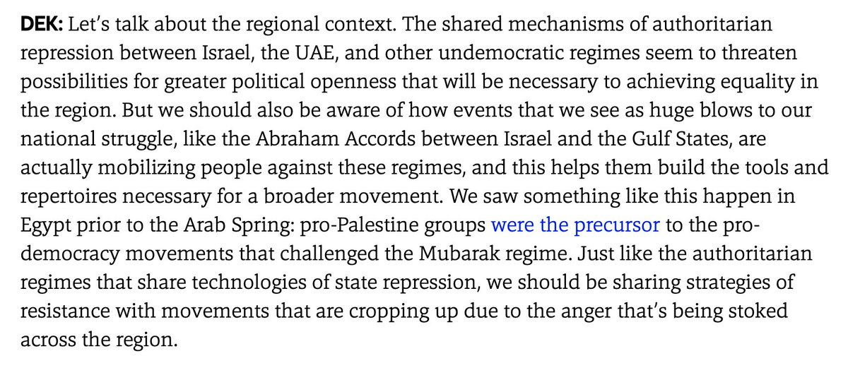 . @danaelkurd on how the Abraham Accords can present an alternate opportunity: a way to unify pro-democracy movements in the region. Pro-Palestine movements have acted in this way before during the Arab Spring.