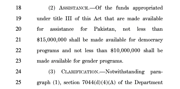 The Covid relief bill also includes $10 million for “gender programs” in Pakistan