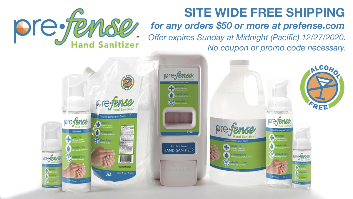 prefense's tweet photo. Life doesn't happen next to a sink. Wash your hands when you can. When you can't, use Prefense Hand Sanitizer. Now it's even easier to stock up on alcohol-free protection. FREE SHIPPING on orders of $50 dollars or more at https://t.co/kN1HqQ2fcr through Sunday at Midnight PST. https://t.co/nyhKlvEb49