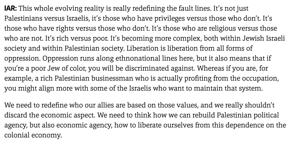 . @InesAbdelrazek on redefining fault lines to build coalitions. We should not ignore the importance of building solidarity around economic lines, across Israeli and Palestinian society.