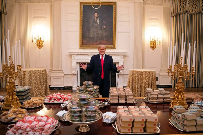 January 14, 2019: Trump welcomes the Clemson Tigers football team to the White House with a McDonalds-catered feast  http://nym.ag/38tsOtU 