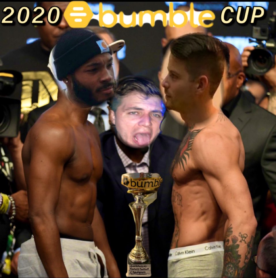 Goodfellas_FF's tweet photo. BATTLE FOR THE 2020 @BUMBLE CUP:

(6) Larry Dog Kabobs vs (5) I’m Theilen Myself 

• First title matchup between 6 and 5 seeds in history
• @ChuckBockk looks to be first 3x @bumble cup champ
• After 3 years out of the league, @Valed_Victorian looks for title in first year back https://t.co/e8wbmjBGN2