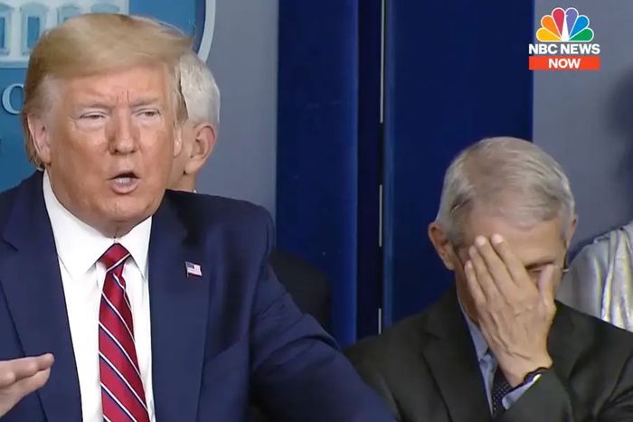 March 20, 2020: Dr. Anthony Fauci has a moment as President Trump speaks during a COVID-19 briefing at the White House  http://nym.ag/38tsOtU 