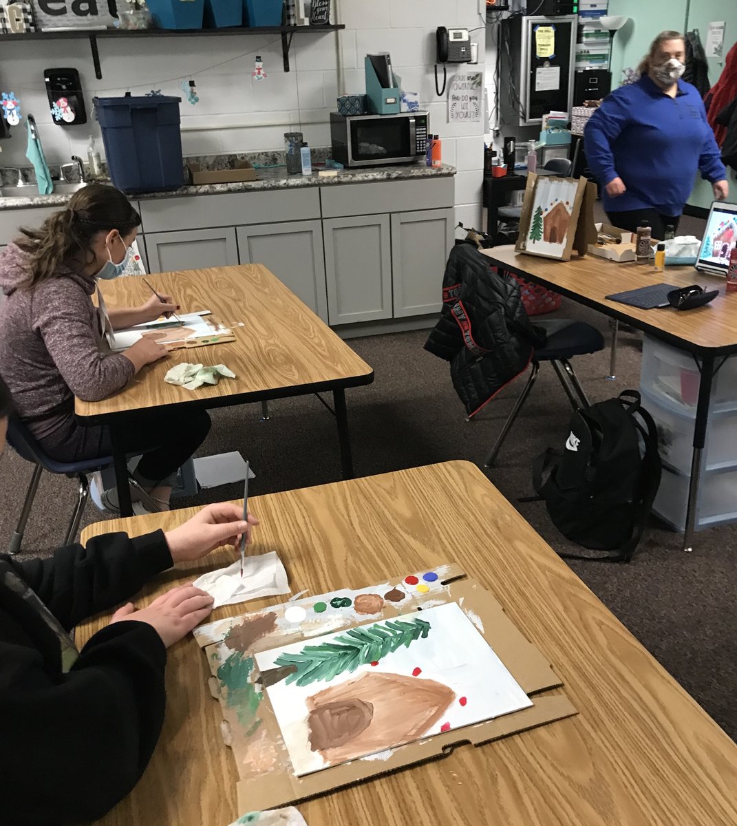 LBLocalSchools's tweet photo. Last week, Mrs. Patterson’s class enjoyed a special art therapy session with Ms. Megan from Awakening Minds Art where they learned how to paint a gingerbread house and a pine tree. 🌲 What a great way for students to relax their minds and explore their creativity! #WeAreLB https://t.co/1sj8liWYdE