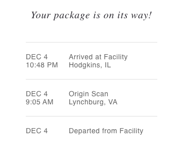 LaniJordan's tweet photo. @jcrew_help Item 1Z6Y312FYW57836428 purchased Nov. 29. Received notice on Dec. 4 that was shipped and had arrived in Hodgkins, Ill.  No movement since. I could have walked it from Chicago to Minneapolis in this time. Please check on this. https://t.co/vUFIhb9p0I
