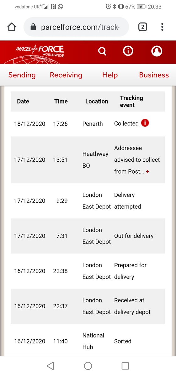 jeni_bone's tweet photo. @parcelforce can you explain why after saying attempting to deliver, then say pick up from PO even though in &amp; no card left. To saying next day it has been collected from the P0 it was sent from??? https://t.co/aQGz9Am8S3