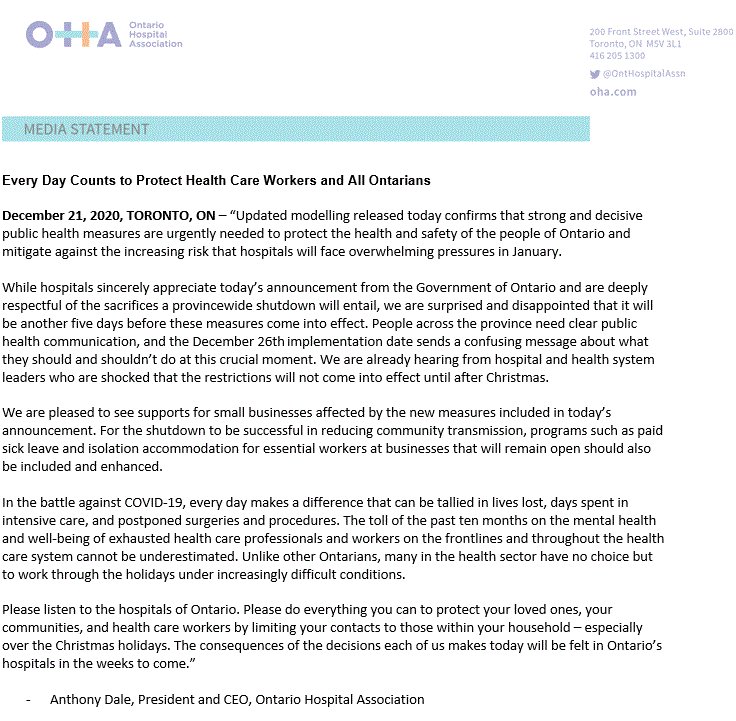 OHA welcomes today's government announcement, and respects the sacrifices an Ontario-wide lockdown will entail. But every day counts, so we’re surprised and disappointed that it will take another 5 days to implement: ow.ly/Pe7T50CRvaX  #onpoli #onhealth #StopTheSpread