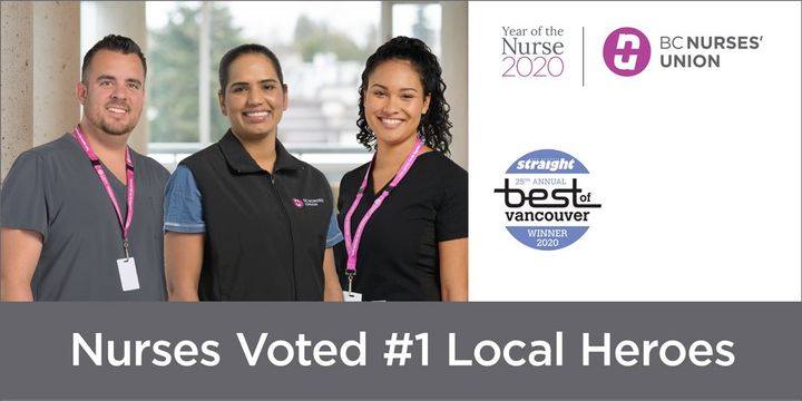 BCNursesUnion's tweet photo. #BCNursesUnion is proud that 2020 Intl #YearoftheNurse ends with nurses voted #1 Local Heroes by readers of Georgia Straight in their 25th Annual Best of Vancouver issue. And, we’re grateful BCNU was voted Best Union. Read more here: https://t.co/FF2xxnpmyy
#YON2020 #Nurses2020 https://t.co/6ipSuZlzFB