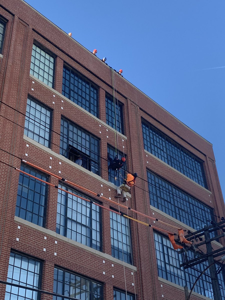 Members of Rescue Squad 1 of <a href="/STLFireDept/">St. Louis Fire Dept</a> are conducting a live high angle rescue of an employee that found himself stranded outside of the building at 4100 Forest Park. <a href="/STLCityGov/">City of St. Louis</a>