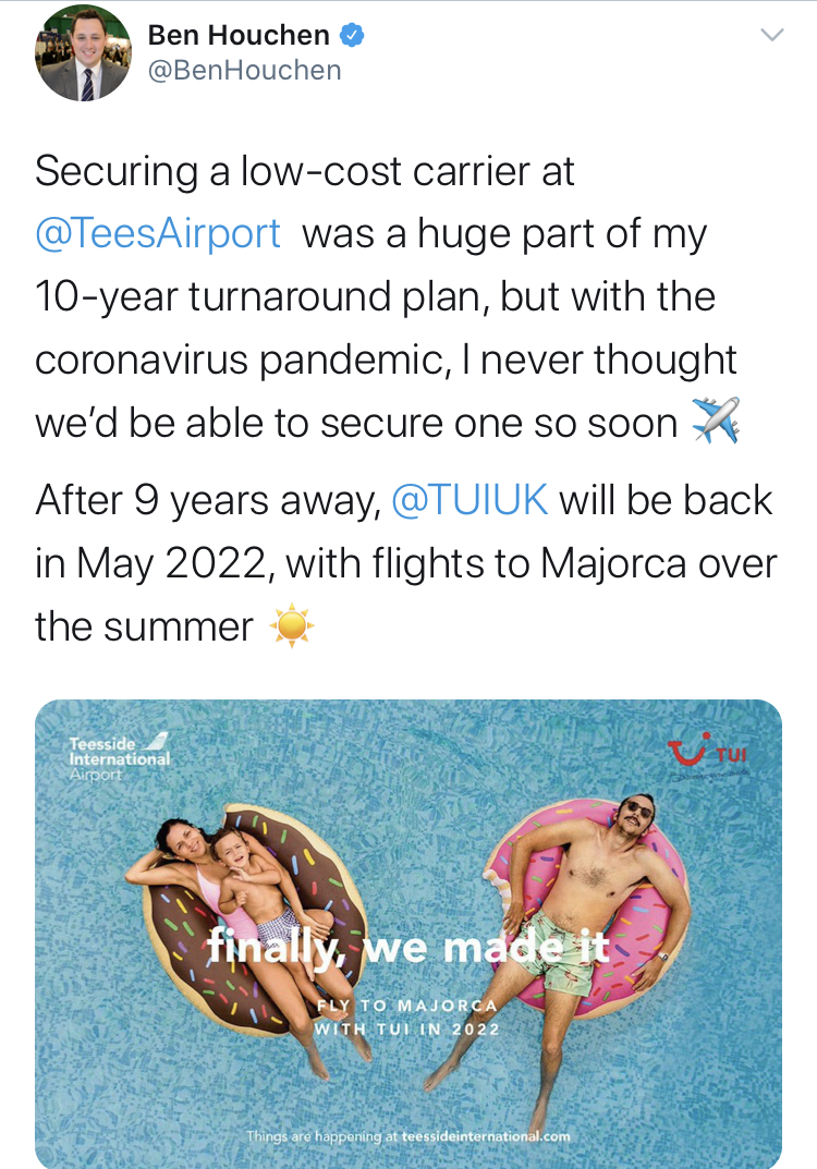 It all began in October when Tees Valley Mayor, Ben Houchen, optimistically tried to pull the wool over everyone’s eyes by claiming that charter airline TUI (flying from Teesside from 2022) was the low cost carrier (LCC) that was an essential part of his 10-year turnaround plan.