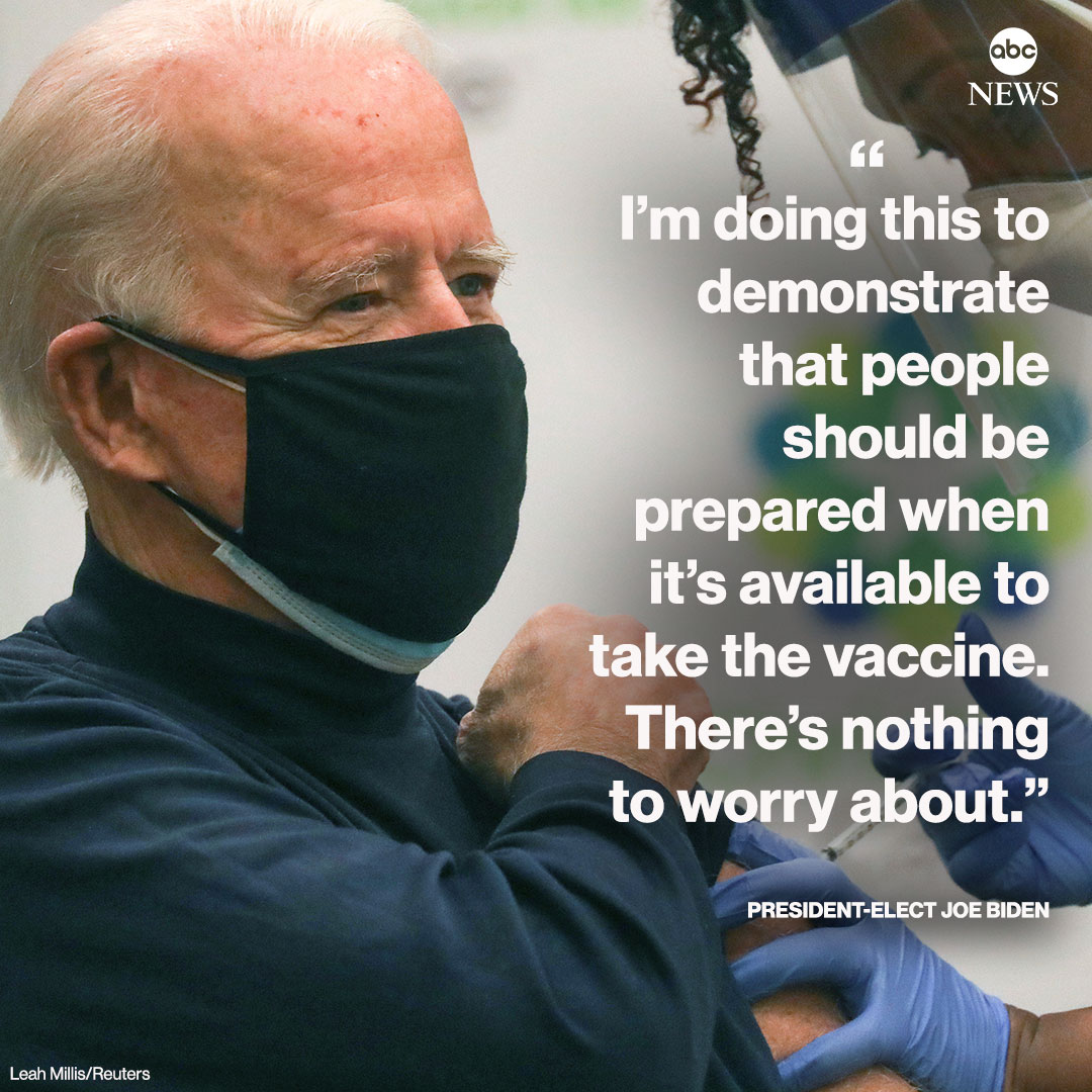 ABC's tweet photo. President-elect Joe Biden receives first dose of Pfizer COVID-19 vaccine: "I’m doing this to demonstrate that people should be prepared when it’s available to take the vaccine. There’s nothing to worry about.” https://t.co/5FRYGBFQXI https://t.co/gknMVgJG3d