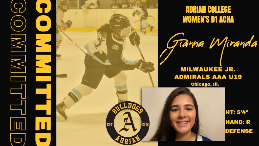 AdrianWD1Hockey's tweet photo. 🚨COMMITMENT ALERT 🚨 We are excited to announce the commitment of Gianna Miranda for the 2021-22 season! Gianna is a defenseman and Assistant Captain for the @mkejrads from Chicago, Illinois. Welcome to the Bulldog Family Gianna! #GDTBAB https://t.co/O1Ppal3xIT