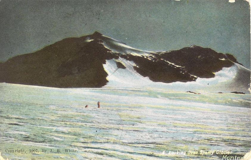 This hand-tinted post card of Sperry Glacier is dated 1907. That's 3 years before the Park was established! The card was mailed to the Pine Knob Ranch in Sula, Montana. #postcardsfromthepast  #ravallimuseum