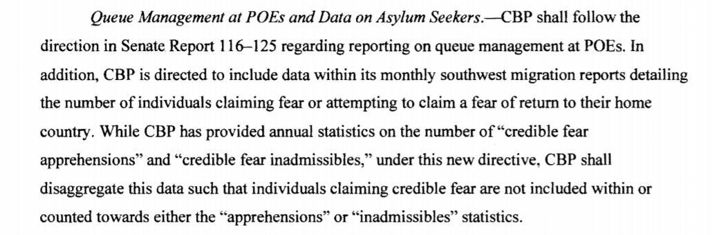 Here's another interesting data provision included in the omnibus Joint Explanatory Statement. In its monthly Southwest Border reports CBP is finally going to have to disaggregate people who claim asylum from everyone else who doesn't. /taking a tiny amount of credit for this
