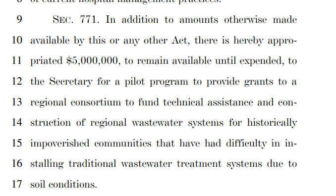 $5,000,000 for a pilot program to give a regional consortium sewer system contracts, which has the appropriate buzzwords attached to make it legit. "Historically impoverished communities"