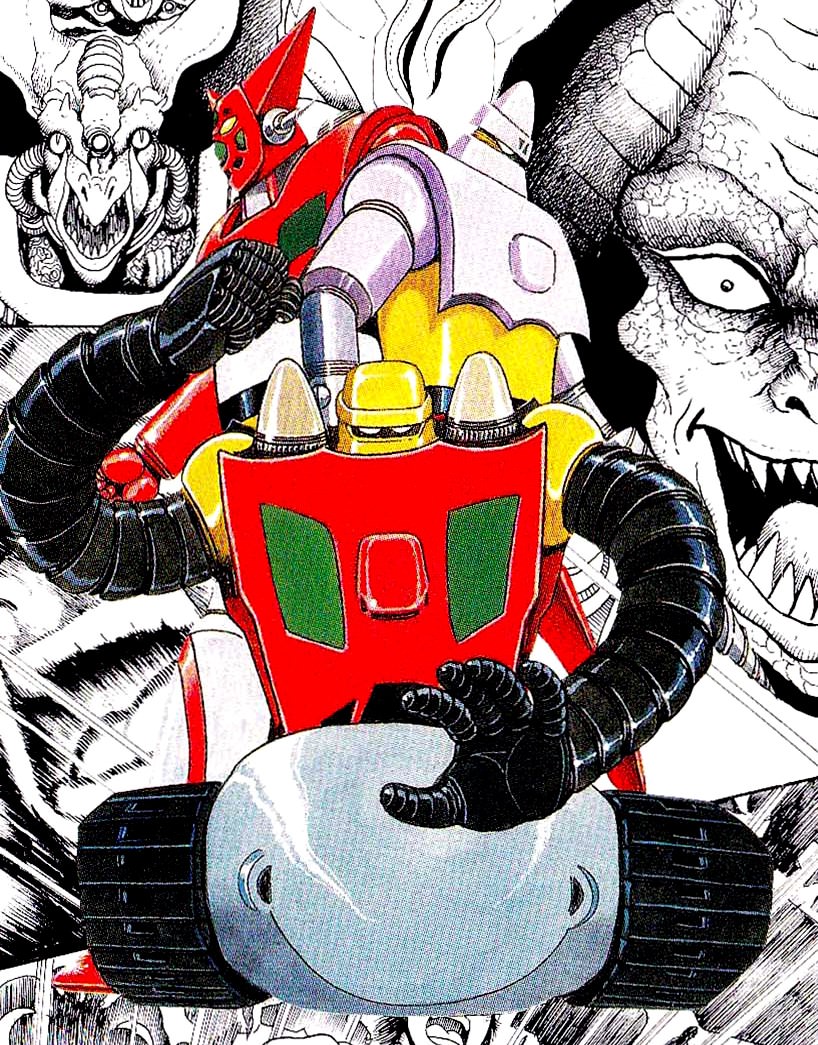 While the 70's anime was the "original" project, most works and most fans point to Ishikawa's manga as the "definitive" take on the franchise. The manga he wrote are collectively known as the "Getter Robo Saga" from 1974 to 2004. The anime adaptations are... well, we'll get to em