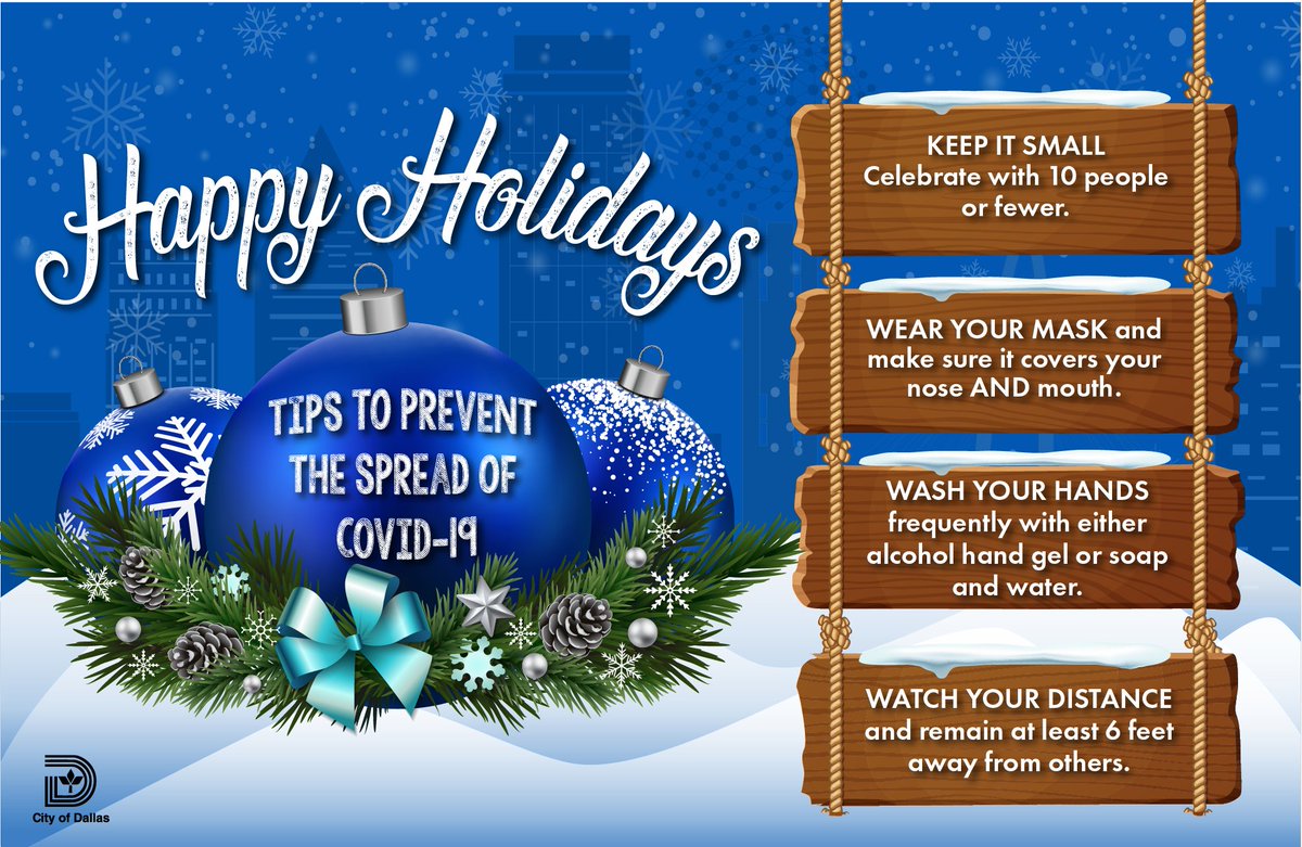 DallasEMCR's tweet photo. Holiday gatherings are not recommended this year. If you decide to celebrate with close friends and family, practice these safety tips to prevent the spread of COVID-19. #StayOnGuardDallas https://t.co/Vgq9O6jbRD