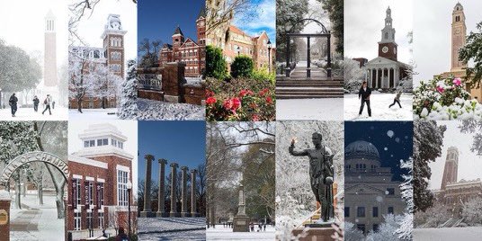 SECAcademics's tweet photo. It’s officially winter and we couldn’t pass up the opportunity to show our campuses blanketed in flurries — or the @UF sunshine. #firstdayofwinter https://t.co/sKAnHT753M