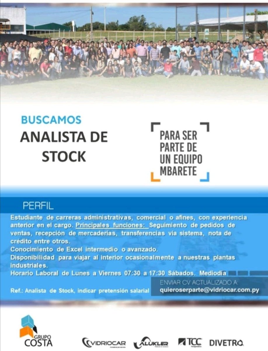 Matemáticas Los Alpes conformidad Ο χρήστης fce στο Twitter: "La empresa Vidriocar se encuentra en búsqueda  de cubrir una vacancia laboral como Analista de Stock 📝 En caso de reunir  los requisitos, envía tu CV a