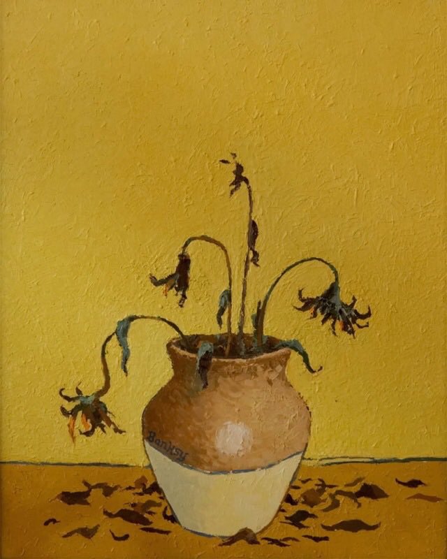 nureda_k's tweet photo. İlk resim Van Gogh'un ve ondan yüz yirmi yıl sonra Banksy'nin solmuş çiçekleri.. https://t.co/XTvnbIZLEk