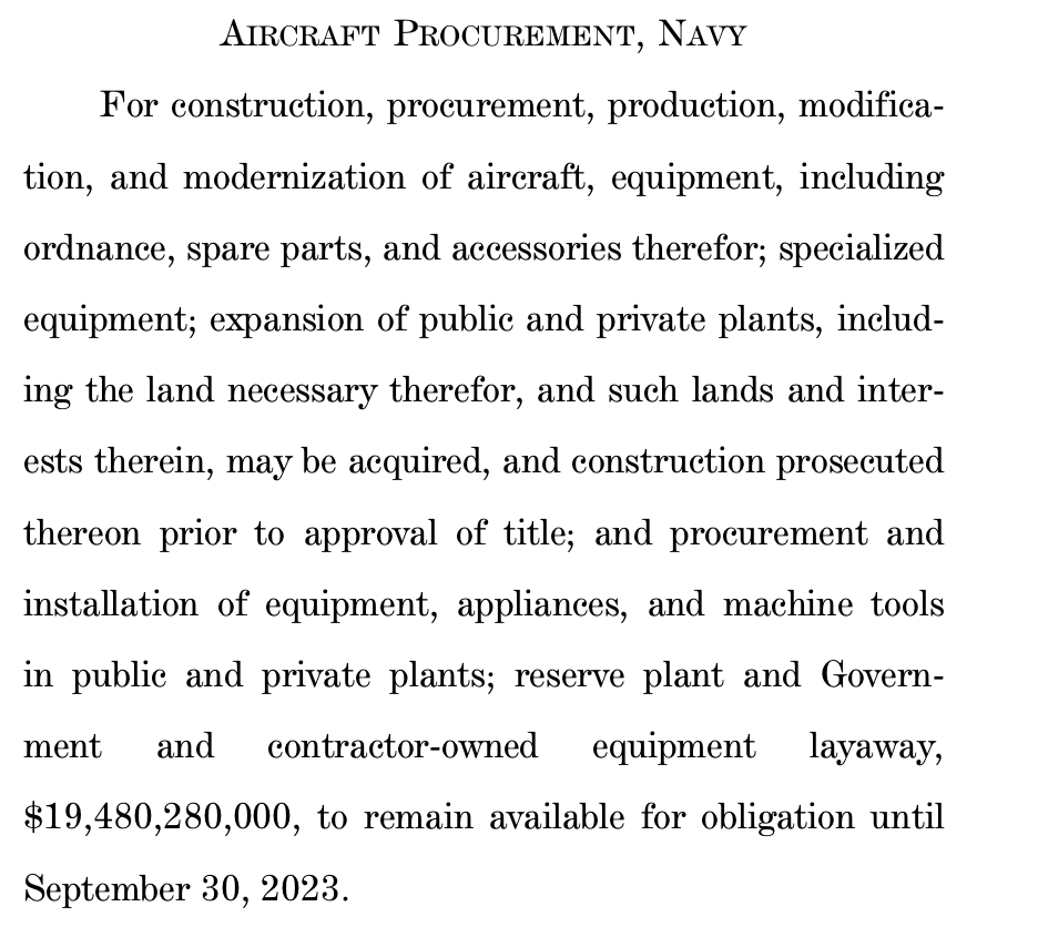 Getting their priorities straight: the COVID relief bill also sets aside over $19 billion for the procurement of Navy aircraft.