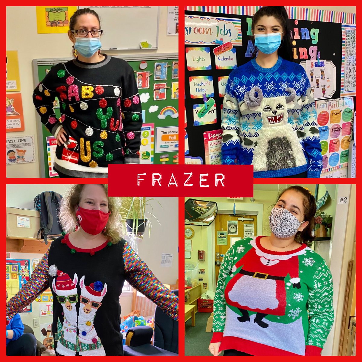 WarwickTurtle's tweet photo. The Warwick teachers were in the Christmas spirit last Friday with an ugly Christmas sweater contest. Check out some of their ugly sweaters! 🎅🏻🤶🏻🎄

#WarwickChildCare #christmas #tistheseason #uglysweater #christmassweater #uglychristmassweater #holidays #holidayseason https://t.co/gcQk2Q4aee