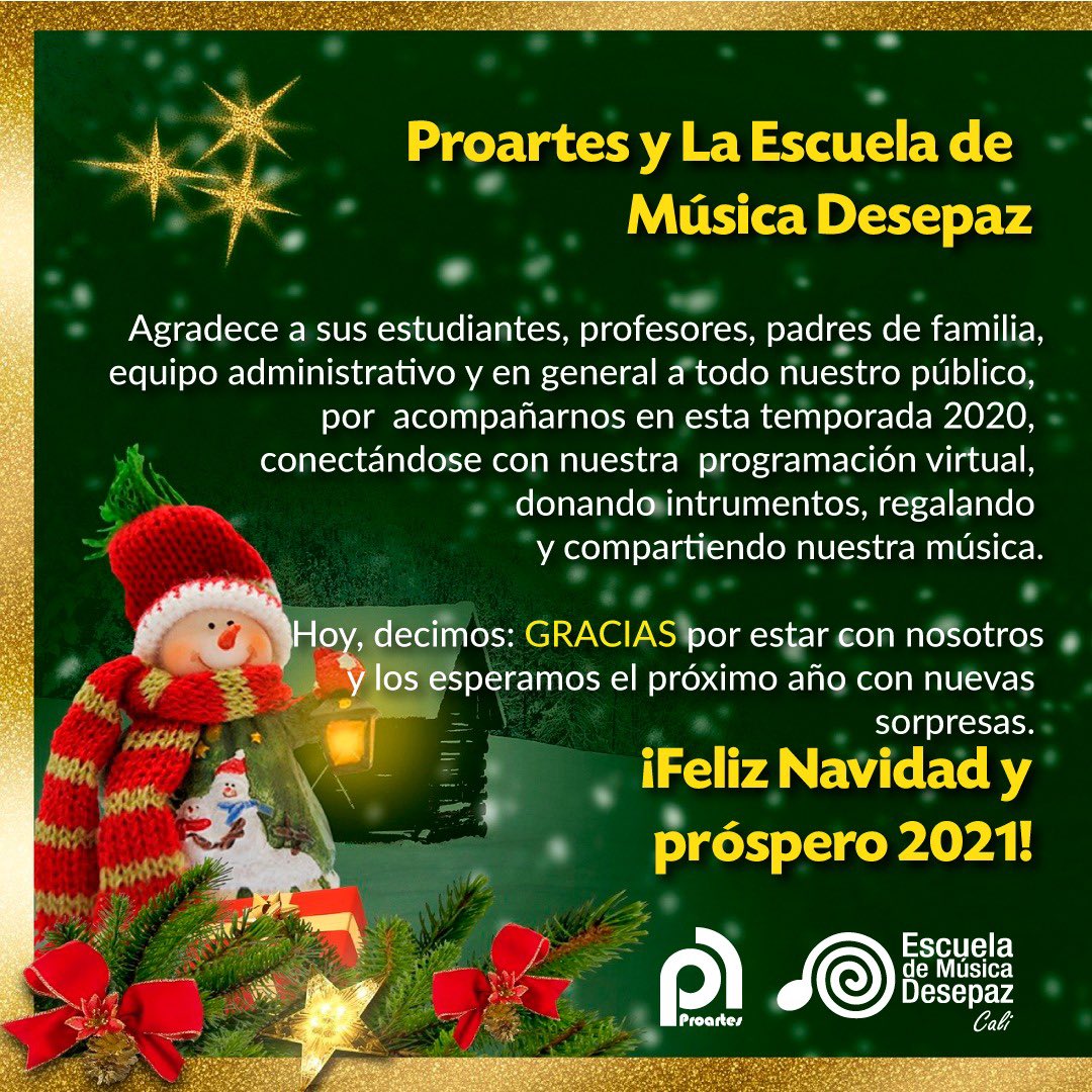EMusDesepaz's tweet photo. @ProartesCali y la @EMusDesepaz, les desea una Feliz Navidad🎄☃️ y próspero año 2021🎇 https://t.co/hnqAF6O3l6