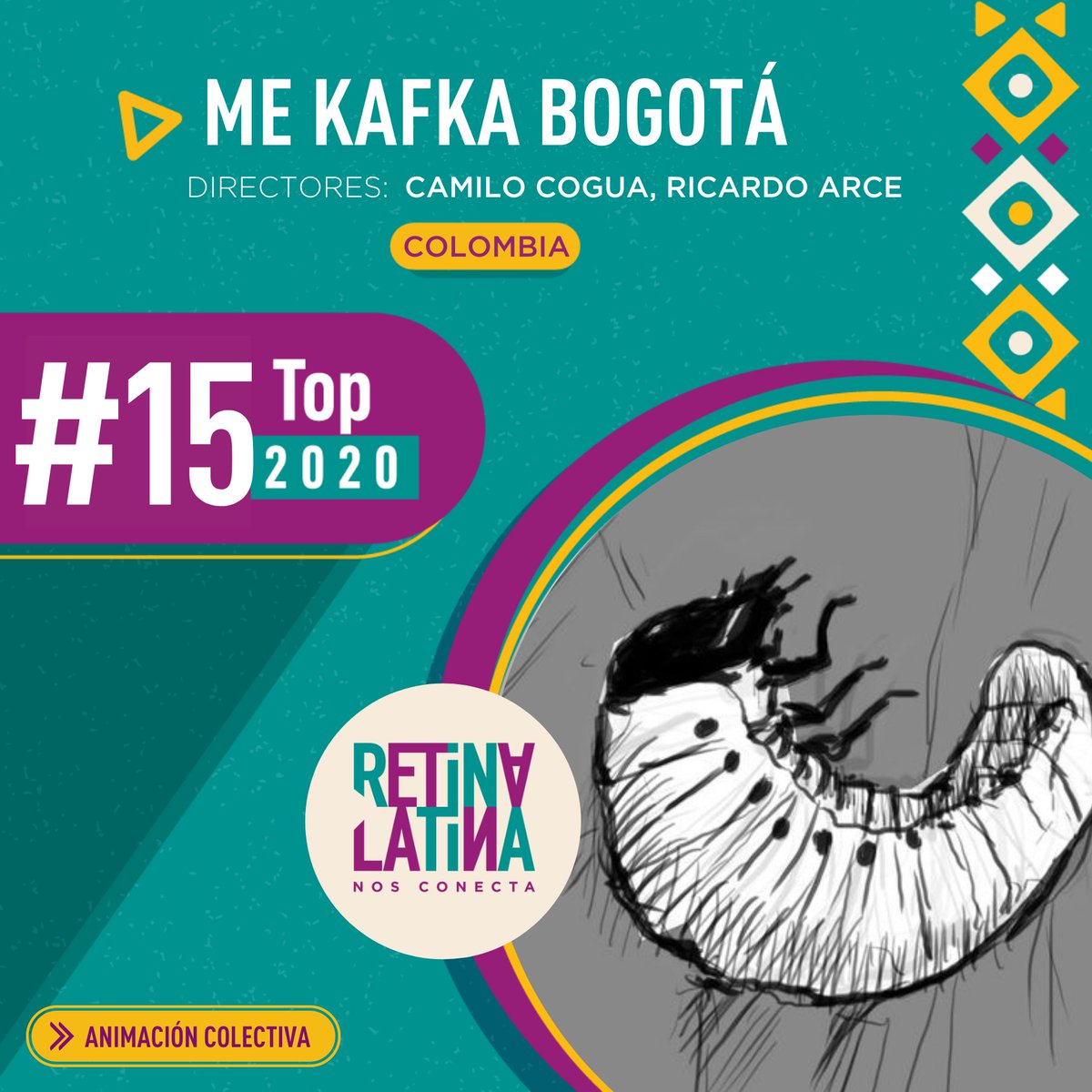 RetinaLatina's tweet photo. La obra que ocupa la posición 15 en el top 20 del 2020 de Retina es el corto Me Kafka Bogotá en el que 25 animadores realizaron un cadáver exquisito de «La Metamorfosis» con motivo de la  celebración de los cien años de “La Metamorfosis” de Kafka. https://t.co/OhapJxtIaK https://t.co/zP4YOAjHal