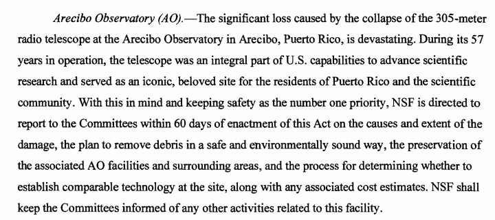 [7/16] Commenting on the recent collapse of the Arecibo telescope, Congress directs NSF to report within 60 days on "the process for determining whether to establish comparable technology at the site, along with any any associated cost estimates."  @SaveTheAO