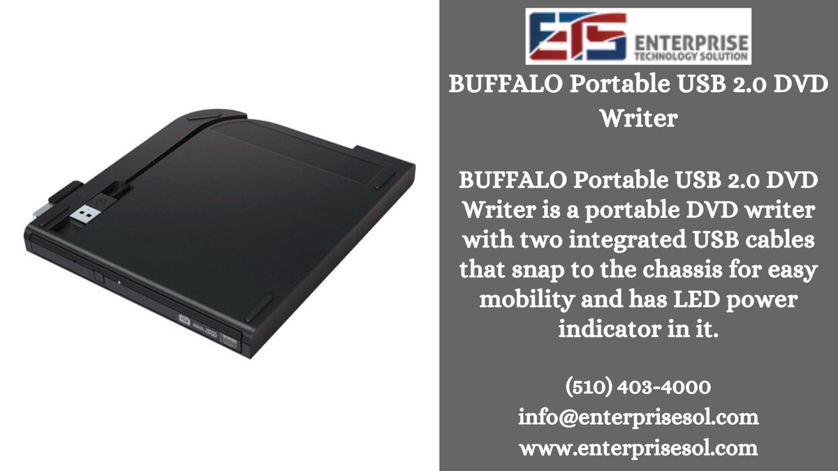 BUFFALO Portable USB 2.0 DVD Writer is a portable DVD writer with two integrated USB cables.

#Enterprise #Technology #Solutions #infrastructure #Business #Buffalo #Portable #USB #DVDWriter #USBcable #iotdevices #gsa #schedule