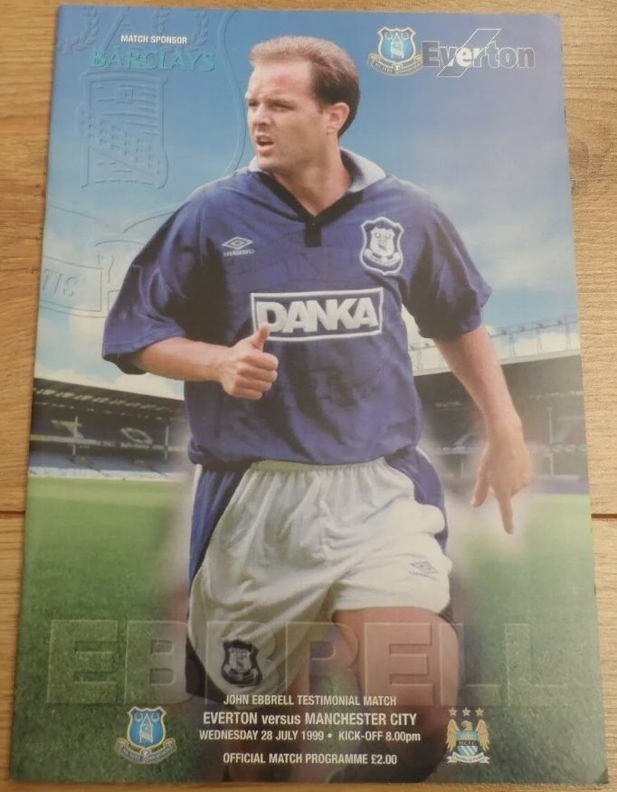 #183 EFC 1-0 Man City -Jul 28, 1999. EFC faced Championship side Man City in a testimonial for ex-Blue John Ebbrell, who’d been forced to retire through injury aged 29. Managed by Joe Royle, City had just been promoted from League 1. EFC won 1-0 with a goal from Franny Jeffers.